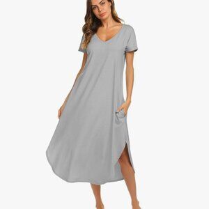 Ekouaer V-Neck Short Sleeve Nightshirt in Misty Grey. Size Medium
